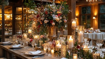 Romantic Rustic Wedding Table Setting With Candles And Flowers