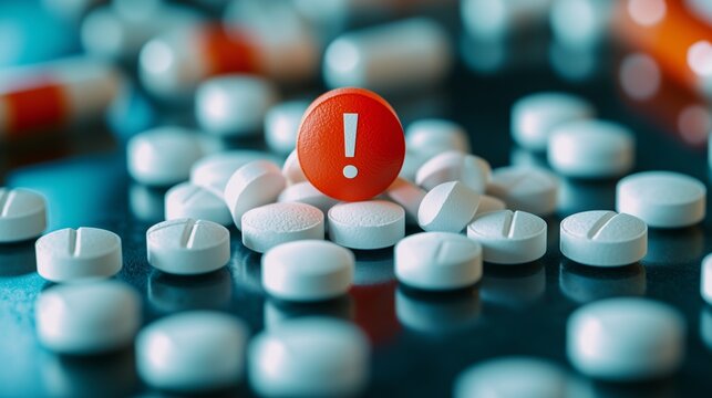 Pills with exclamation mark symbolize drug interactions and side effects.