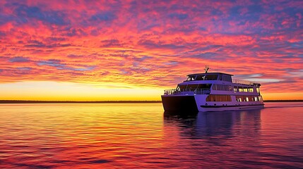Sunset cruise ship on calm waters, vibrant sky. Travel, vacation, tourism