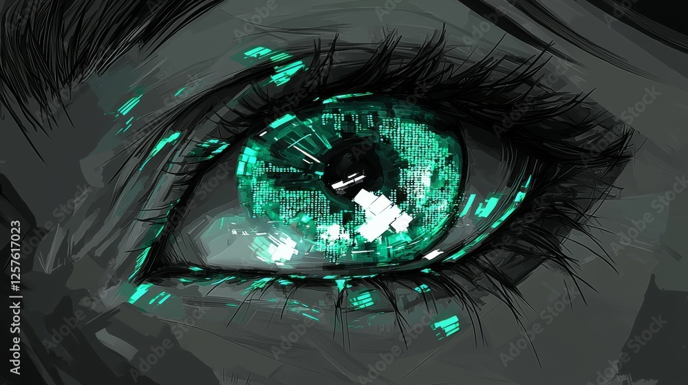 Aufkleber a detailed view of a human eye against a green tech backdrop, with a hacker's face and a digital dat