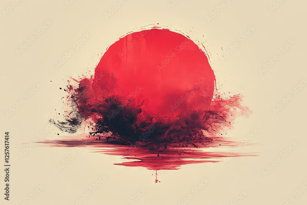 Poster a striking red circular form erupts with dynamic ink splashes and fluid swirls, creating an abstract