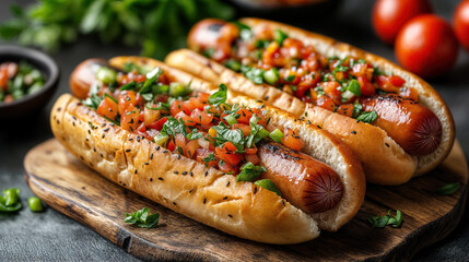 Hot dogs with tomato salsa and basil topping are served on a wooden board, offering a vibrant and appetizing culinary experience
