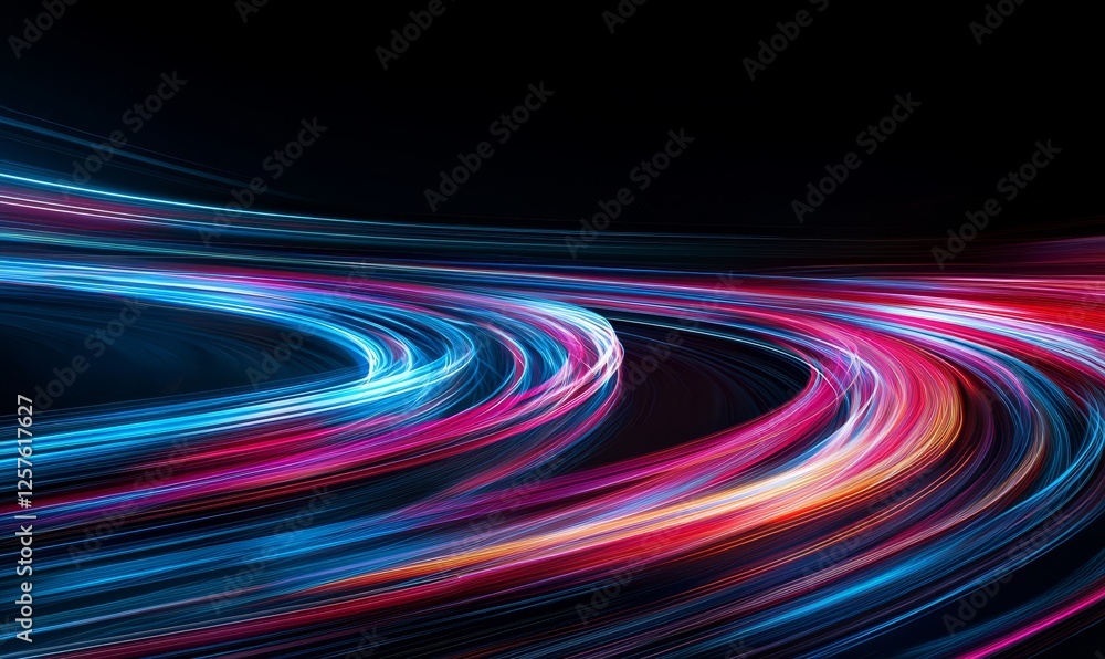 Poster neon light streaks curve dynamically in motion