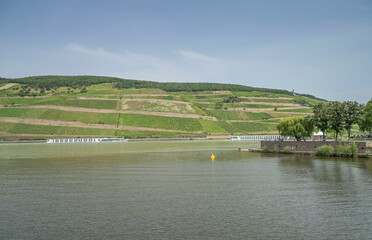 Mündung der Nahe in den Rhein, hinten Weinberge Rüdesheimer Rheingau, rechts das Rhein-Nahe-Eck, Bingen, Rheinland-Pfalz, Deutschland