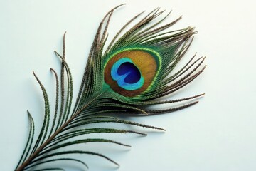 Obraz premium A single vibrant peacock feather, showcasing iridescent hues and intricate details, rests gently on a neutral backdrop.