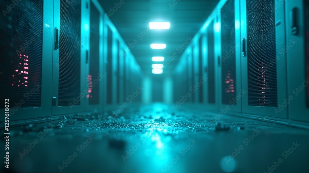 Poster in a futuristic interface, glowing blue data streams form a 3d matrix, flowing between translucent d