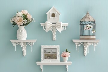 Elegant White Decor Shelves with Flowers and Birdcage on Light Teal Wall