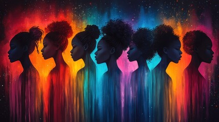 Obraz premium Silhouettes of diverse women with vibrant hair against a colorful cosmic background, symbolizing unity