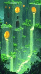 Mysterious ancient ruins surrounded by lush greenery and cascading waterfalls at twilight