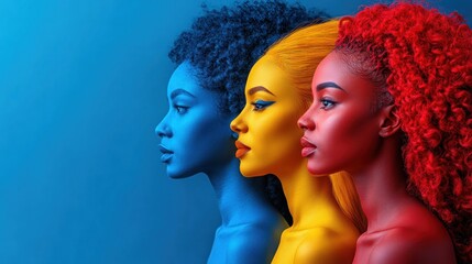 Fototapeta premium Three women with vibrant, colorful skin tones in profile against a blue background, showcasing diversity
