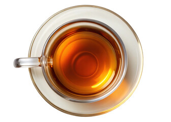 Top view of clear tea in a glass cup isolated on transparent background-Clear tea in a glass cup, viewed from the top, showing the rich amber color and smooth surface of the beverage.