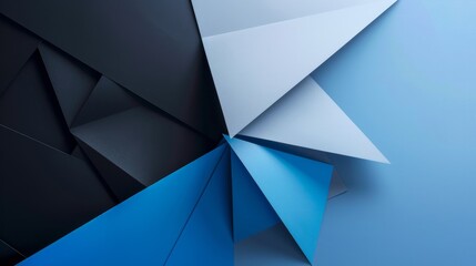 Abstract minimalist wallpaper with sharp triangles and circles on blue background. Banner template with white center text area. Ideal for modern designs.