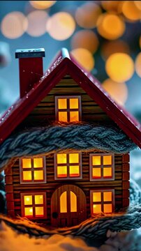 Cozy miniature house illuminated with warm lights, surrounded by snowy decor and festive bokeh background
