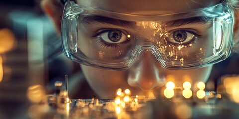Young technician examining electronic circuit board with focused attention
