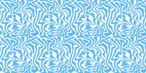 Liquid blue lines summer retro seamless pattern. Twisted and distorted groovy hippie background. Abstract water waves banner. Vintage illustration in trendy psychedelic style