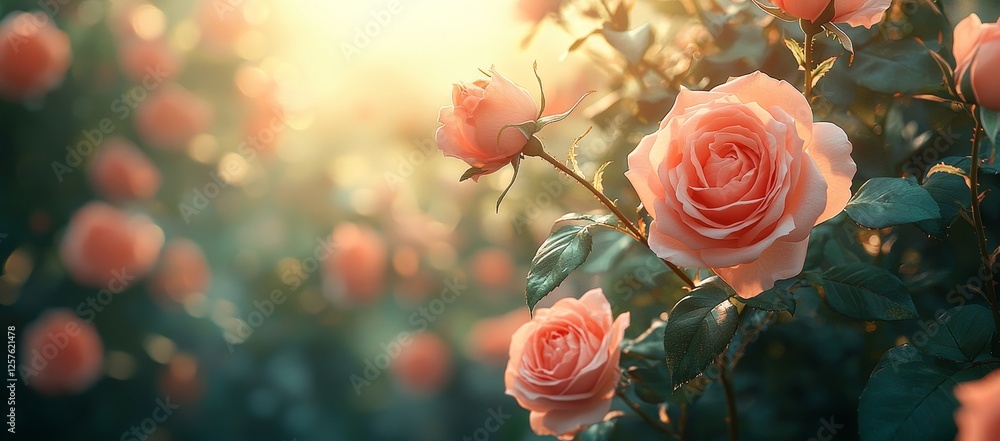 Poster banner showcasing blooming roses and flying butterflies in a mysterious spring setting with a blurre
