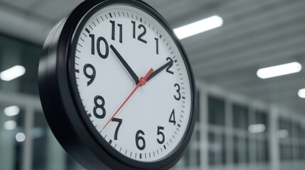 Office clock showing time, modern building background, time management concept