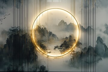 Elegant Gold-Lit Asian-Inspired Wall Art with Mountains and Birds