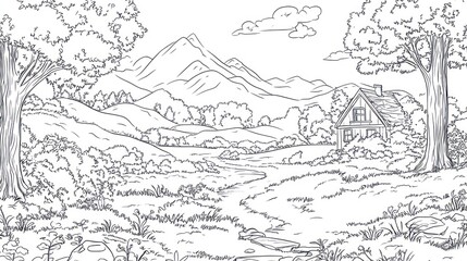 Fototapeta premium Rural cabin, stream, mountain view, coloring book page