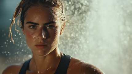 Fototapeta premium Sporty woman sweating and wet under the rain