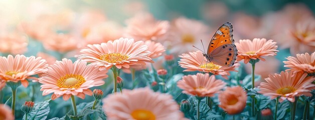 A dreaming fairytale spring or summer fantasy floral banner showcasing rose blossoms and magical flying peacock eye butterflies on a blurred, vibrant background, illuminated by bright sunlight
