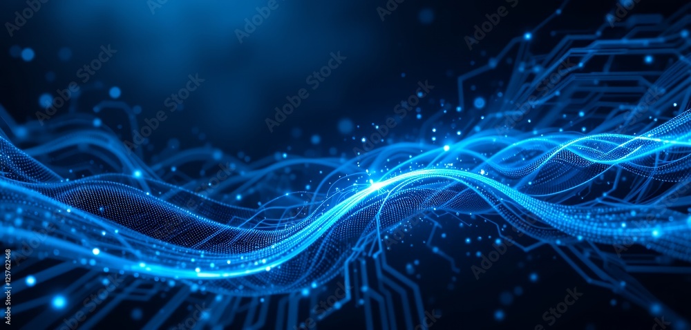 Poster futuristic digital network: flowing data streams and high-tech connectivity in azure blue