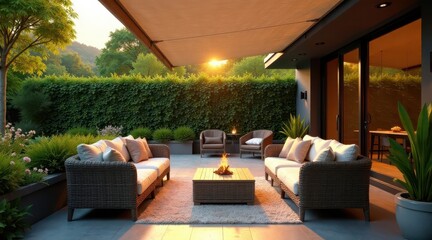 Serene Sunset Patio Scene Featuring Wicker Furniture and a Cozy Fire Pit