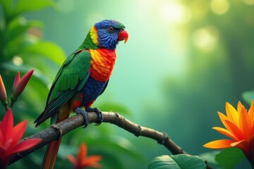 Vibrant Rainbow Lorikeet Perched on a Branch Amidst Lush Tropical Foliage and Blossoms in a Serene Natural Habitat