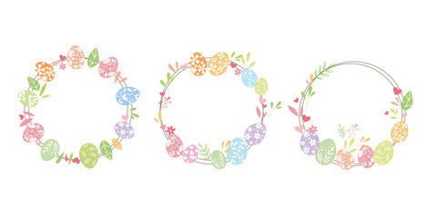 Set of Happy easter decoration wreath. Easter eggs, leaves decoration wreath for Happy easter event and design. Vector illustration.