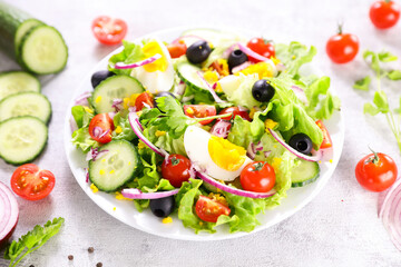 vegetable salad with cucumber, tomato, lettuce, olive and egg