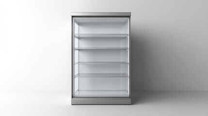 Empty glass-door refrigerator against white wall; retail display