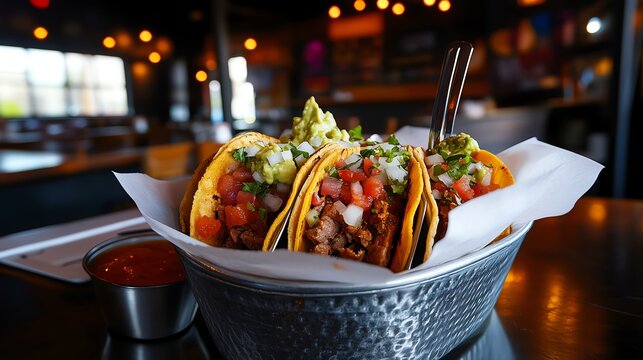 A vibrant platter of tacos filled with seasoned meat, fresh vegetables, and topped with guacamole, set in a warm, inviting restaurant ambiance.