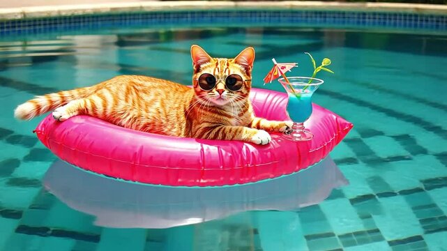 Cheerful cat with glasses with cocktail and inflatable circle in pool