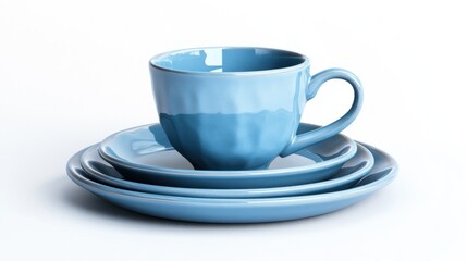 Obraz premium Blue teacup and saucer set on white background, perfect for cafe menu or website