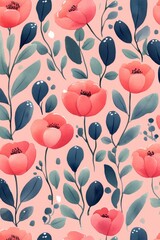 Pastel Floral Pattern, Watercolor Flowers and Leaves, Delicate Pink Background, Gentle Floral Design