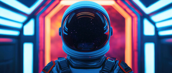 Astronaut helmet reflecting stars in vibrant sci fi environment