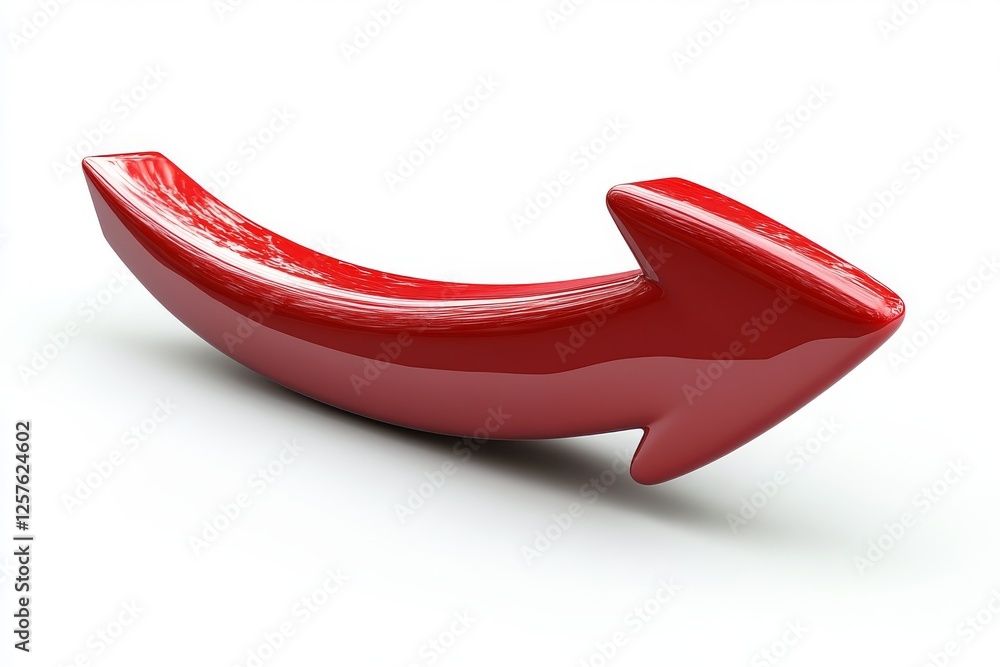 Poster glossy red arrow with a bold, smooth curve pointing to the right, isolated on a white background. sl
