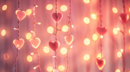 A digital Valentinea??s backdrop with heart-shaped fairy lights hanging on a pastel pink background. The soft glow and warm color palette create a dreamy setting.
