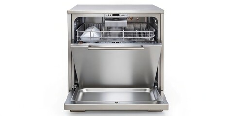 Stainless Steel Dishwasher, Open Door, White Background