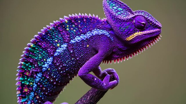 Close-up video shot of a vibrant chameleon on a branch, showcasing its textured skin and vivid colors from a side angle, highlighting its details.