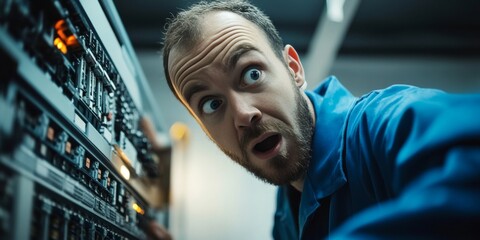 It engineer looking surprised while examining server rack in data center