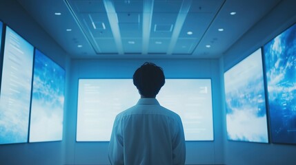Businessman observing multiple interactive screens displaying data analysis and global connections in a high-tech control room
