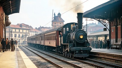 Fototapeta premium A vintage steam train arrives at a bustling station, evoking nostalgia for travel.
