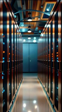 A dimly lit corridor in a modern data center showcasing rows of server racks and glowing lights