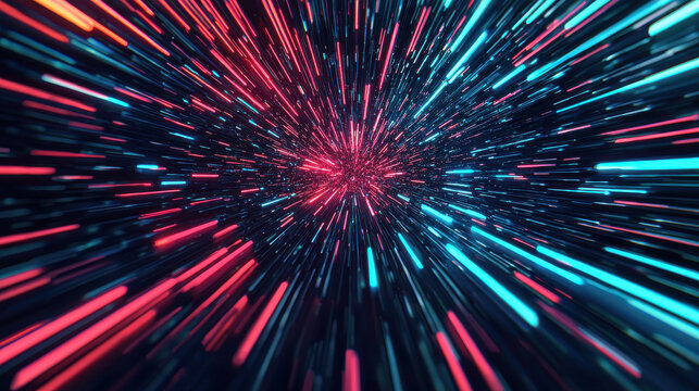 Vibrant streaks of light in red and blue create dynamic warp drive effect