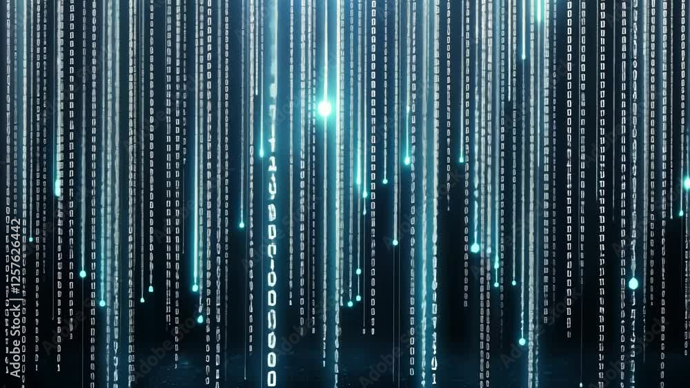 Poster floating numbers and bright lights cascade in a dark environment, creating a captivating digital rai
