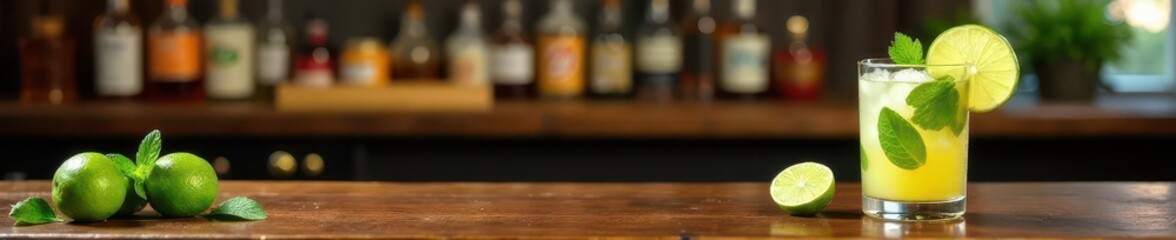 Fototapeta premium Mocha wood bar with fresh mojito ingredients and cocktail on wooden surface, cocktail, mojito