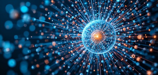 Abstract representation of interconnected digital data stream through central hub