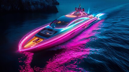 Vibrant Neon Yacht Sailing Through Calm Waters At Night