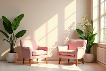 Serene Interior Design Two Pastel Pink Armchairs Flanked by Lush Potted Plants Basking in Warm Sunlight by a Window
